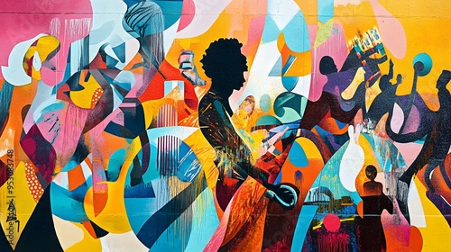 Vibrant street art mural in a bustling city with colorful graffiti bright colors and diverse people bold lines and detailed 3D elements