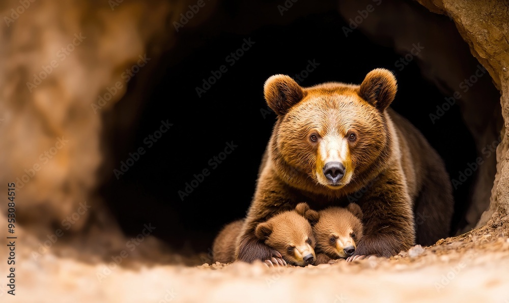 A brown bear with two adorable cubs resting peacefully in a cozy den, showcasing the beauty of wildlife and maternal care. A brown bear with two adorable cubs resting peacefully in a cozy den, showcasing the beauty of wildlife and maternal care.