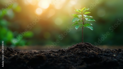 A young plant sprouting in fertile soil under warm sunlight, symbolizing new beginnings, growth, and the vitality of nature. photo