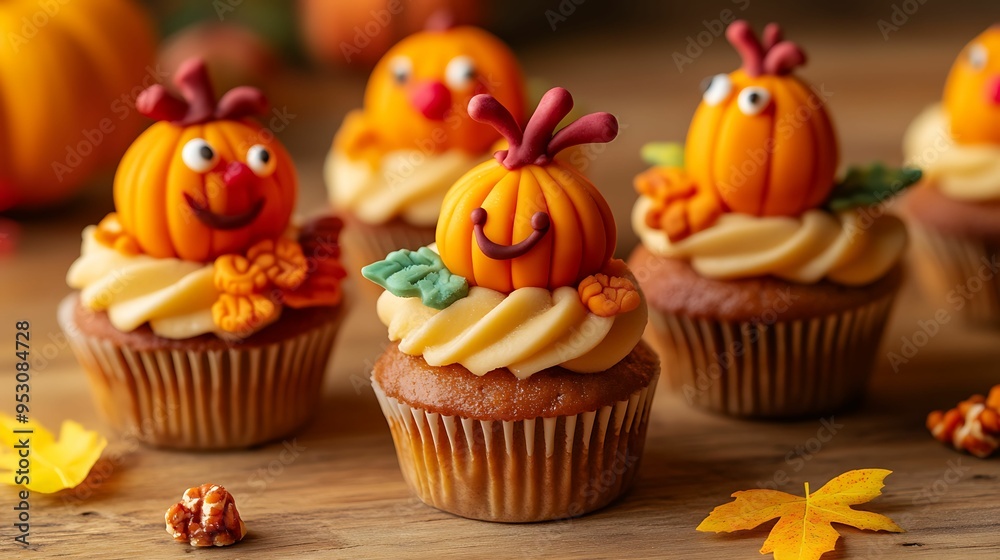 Cheerful Thanksgiving cupcakes decorated with smiling pumpkin-shaped fondant toppers and autumn-themed frosting, ideal for festive celebrations and holiday treats.