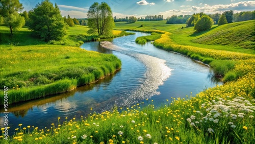 River winding its way through a lush meadow, Lemon Chiffon flowers blooming on the riverbank, vivid greenery, joyful atmosphere, high-angle shot, sunny day, a realistic photo image.