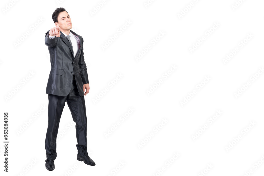 Serious man pointing to camera. White background. Serious man pointing to camera. White background.