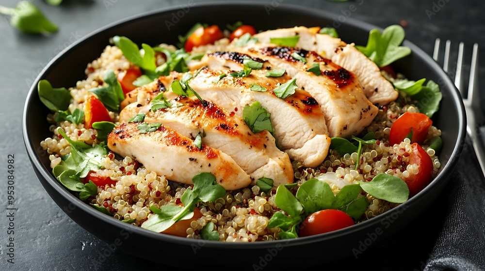 Delicious grilled chicken breast served over quinoa with fresh greens and cherry tomatoes, perfect for a healthy, balanced meal. Delicious grilled chicken breast served over quinoa with fresh greens and cherry tomatoes, perfect for a healthy, balanced meal.