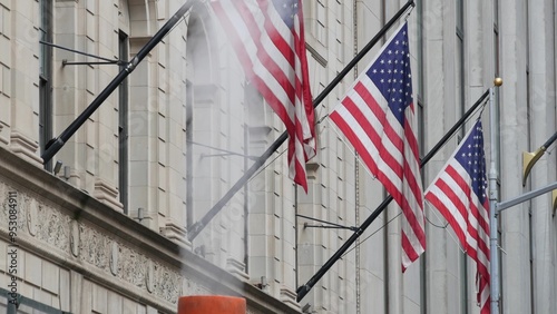 New York City United States. Manhattan Downtown Financial District urban architecture. American Flag on Wall street near Stock Exchange, Federal Hall building, USA Stock Market. Hot steam smoke stack.