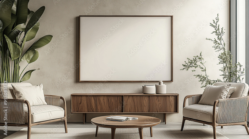 Modern minimalist living room with a blank model frame on the wall Modern minimalist living room with a blank model frame on the wall