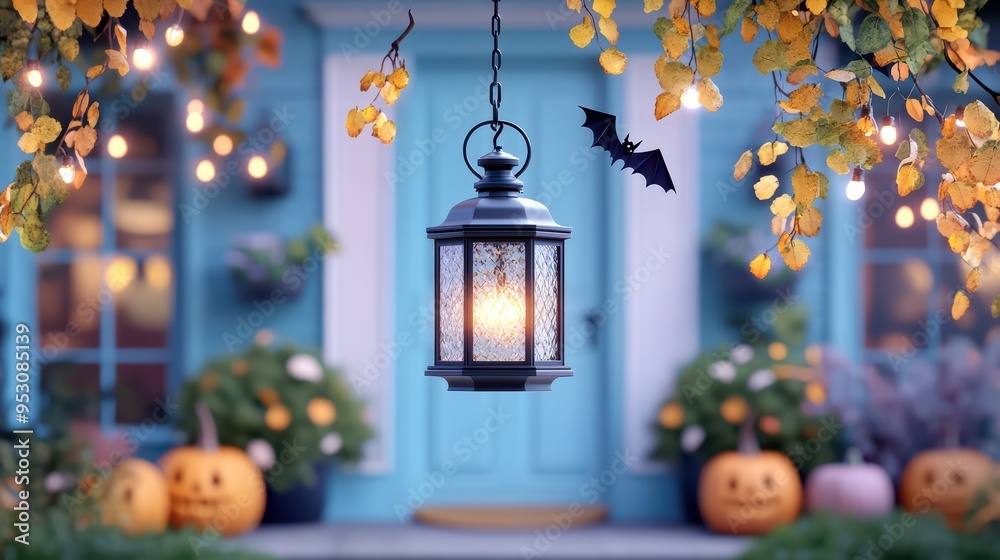 A cozy autumn scene featuring a lantern, colorful leaves, pumpkins, and a bat, perfect for Halloween decorations. A cozy autumn scene featuring a lantern, colorful leaves, pumpkins, and a bat, perfect for Halloween decorations.