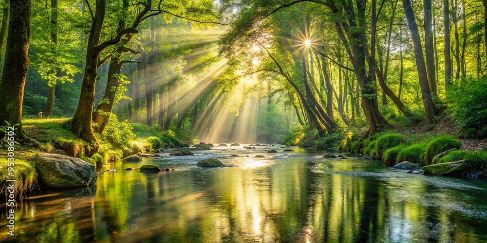Tranquil river flowing through lush forest with sun rays illuminating the scene Tranquil river flowing through lush forest with sun rays illuminating the scene