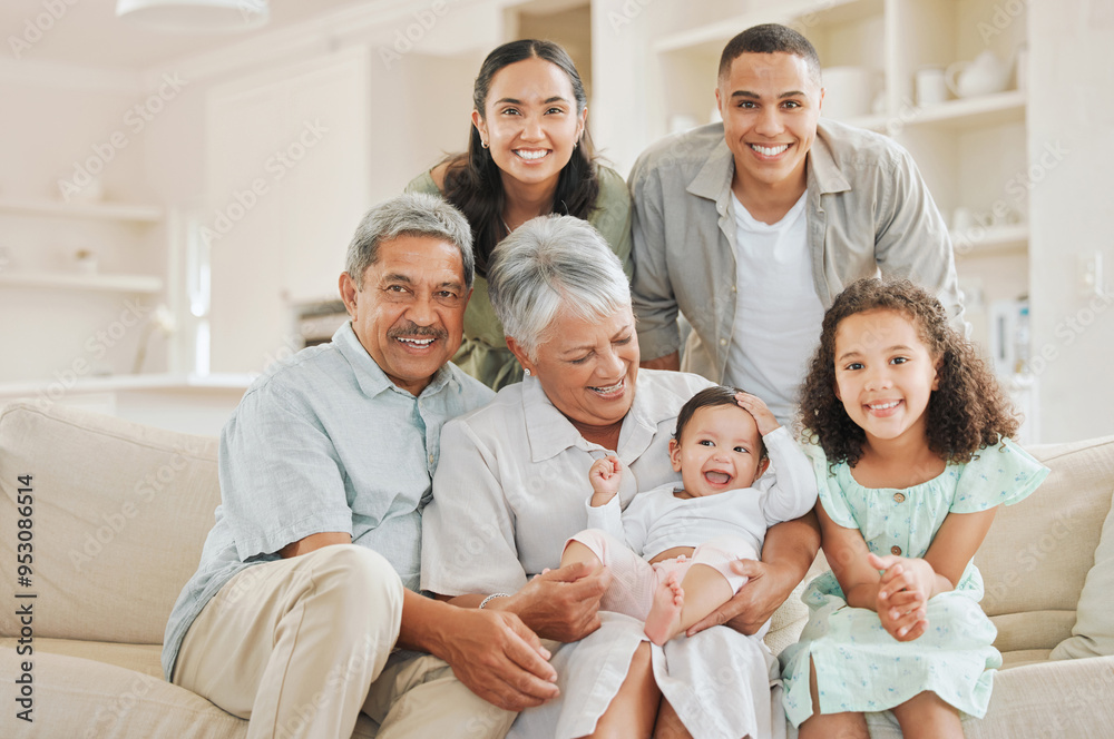 Family, portrait and relax in house for bonding, care and people on sofa with joy, embrace and weekend. Generations, face and happy with smile for love, relationship and comfort in lounge on couch Family, portrait and relax in house for bonding, care and people on sofa with joy, embrace and weekend. Generations, face and happy with smile for love, relationship and comfort in lounge on couch