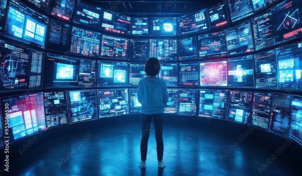 A person stands in a futuristic control room surrounded by multiple screens displaying data and analytics, emphasizing technology. A person stands in a futuristic control room surrounded by multiple screens displaying data and analytics, emphasizing technology.