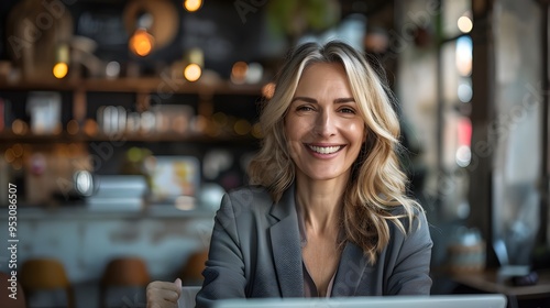 Portrait of smiling businesswoman looking at camera while sitting in cafe - Generated AI