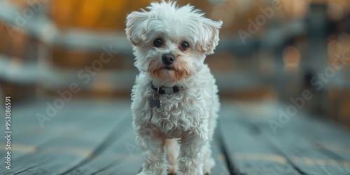 Small White Dog Posed on Wooden Surface photo