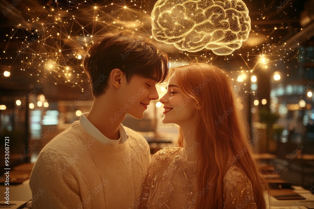 Romantic Scene of a Couple with a Glowing Brain Illustration Above Signifying Emotional and Cognitive Connection in a Serene Setting Romantic Scene of a Couple with a Glowing Brain Illustration Above Signifying Emotional and Cognitive Connection in a Serene Setting