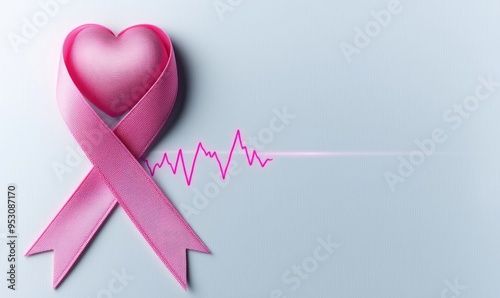 A pink ribbon and heart symbolizing support for breast cancer awareness, representing love, health, and hope.