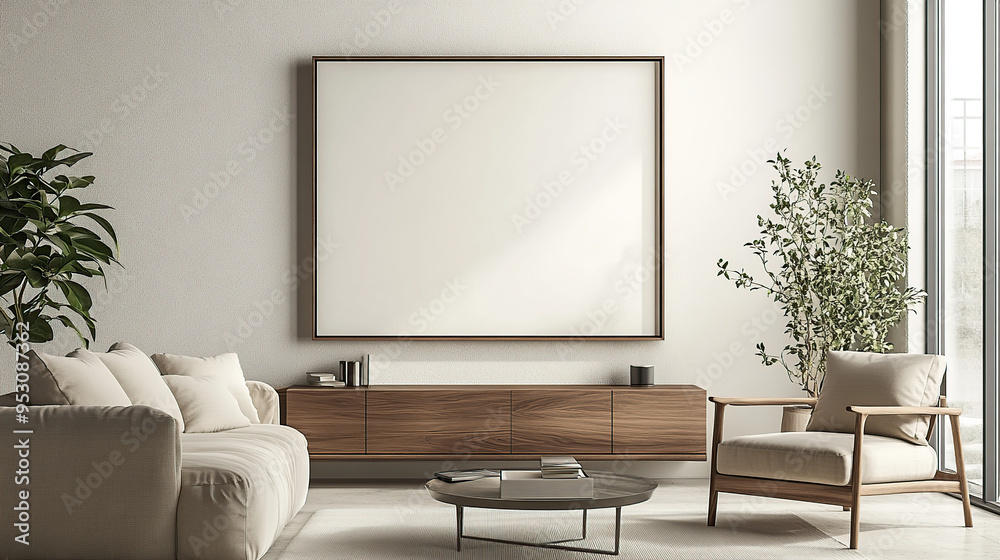Modern minimalist living room with a blank model frame on the wall Modern minimalist living room with a blank model frame on the wall