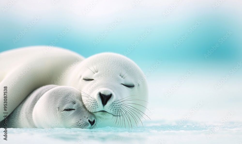Naklejka premium A serene scene of a mother seal and her pup cuddling peacefully, showcasing love and warmth in a beautiful aquatic setting.