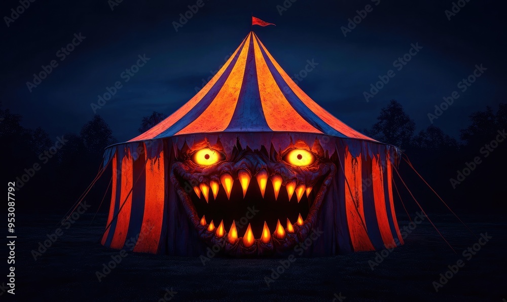 A spooky circus tent with a monstrous face and glowing eyes, perfect for Halloween or horror-themed projects. A spooky circus tent with a monstrous face and glowing eyes, perfect for Halloween or horror-themed projects.