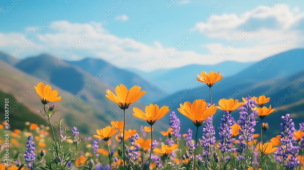 Fototapeta premium Close-up photo of orange and purple flowers in the foreground, with mountains and a blue sky in the background