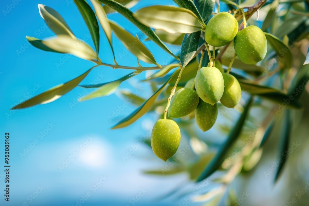 A close up of green olives hanging from an olive tree branch, with leaves and blue sky in the background A close up of green olives hanging from an olive tree branch, with leaves and blue sky in the background
