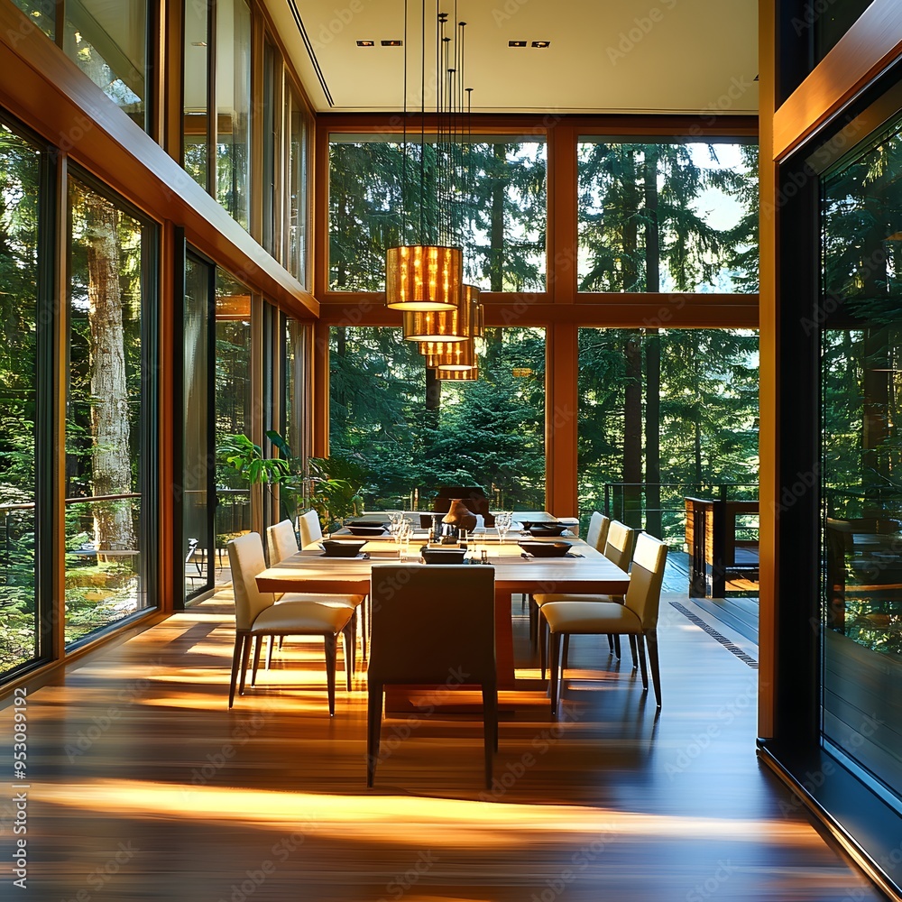 Obraz premium Elegant dining room with stunning views of the forest 16:9