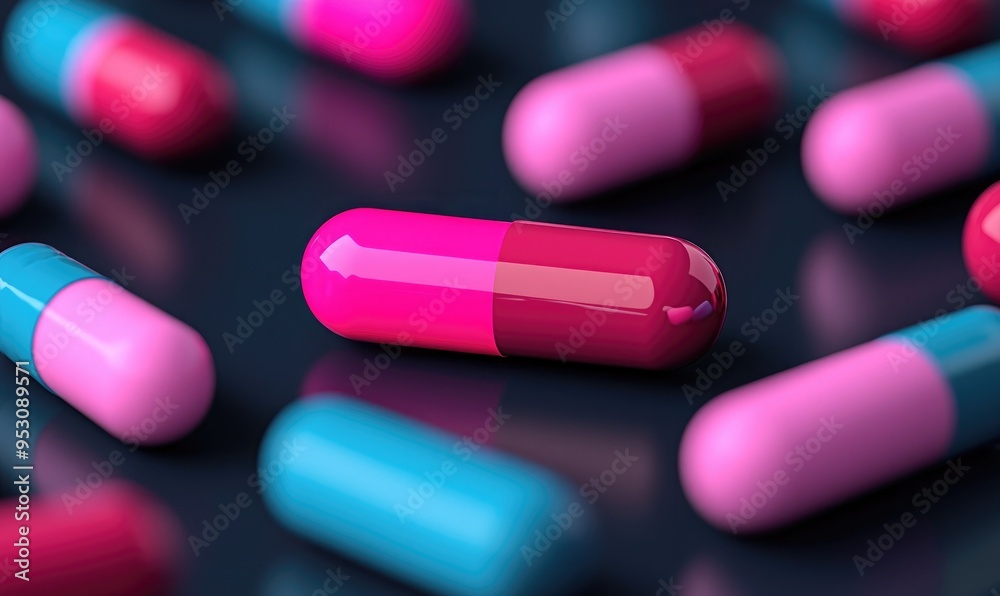 Colorful capsules scattered on a surface, showcasing vibrant pink and blue hues, ideal for healthcare and pharmaceutical themes. Colorful capsules scattered on a surface, showcasing vibrant pink and blue hues, ideal for healthcare and pharmaceutical themes.