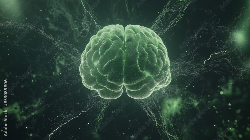 abstract scene of a brain with green tendrils wrapping around it, symbolizing jealousy taking over. abstract scene of a brain with green tendrils wrapping around it, symbolizing jealousy taking over.