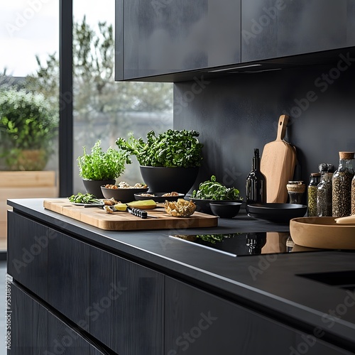 Minimalist kitchen showcasing the preparation of exquisite plant-based sides 16:9 photo