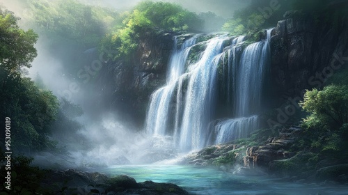 A majestic waterfall cascading down a rugged cliff into a crystal-clear pool below, surrounded by lush green forest and mist.