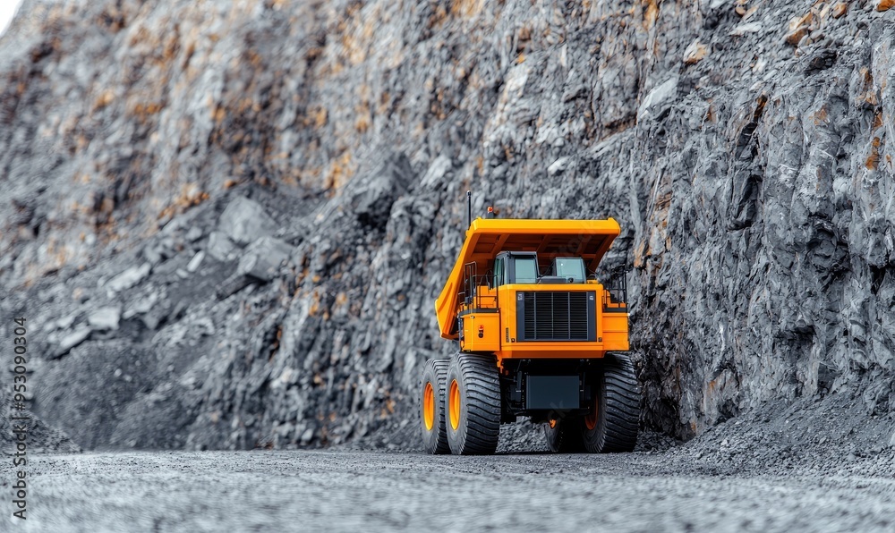 Heavy-duty dump truck on rocky terrain, showcasing its robust design and capability in construction and mining environments.