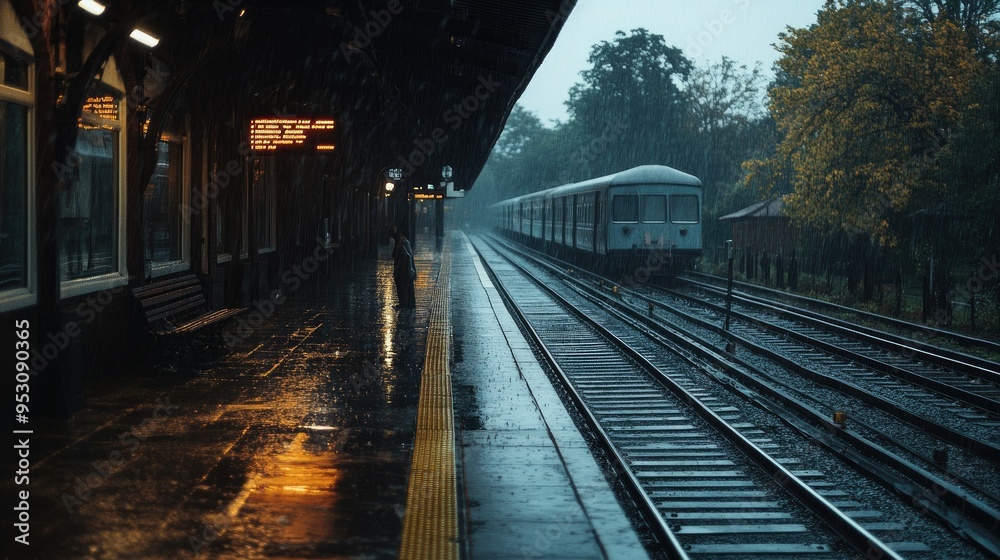 Fototapeta premium A rural train station platform under heavy rain, with a lone figure waiting for a train. The tracks are glistening wet, and rain is falling heavily.