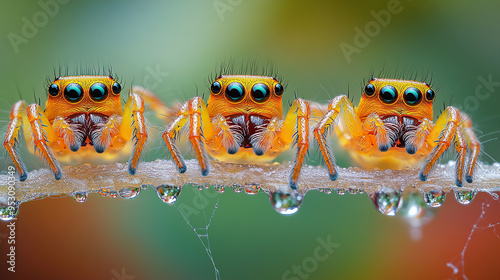 Three cute little orange jumping spider friends hanging out on water droplets on a branch photo