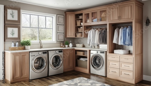 Modern Laundry Room with Built-in Cabinets. photo