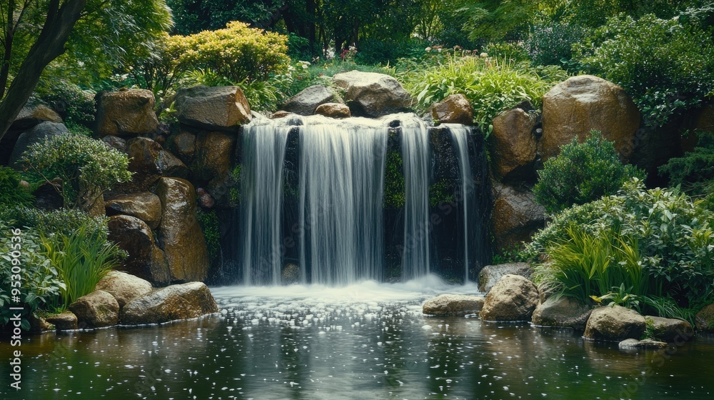 A serene scene of a waterfall in a tranquil Japanese garden, with smooth stones and carefully arranged plants framing the cascading water. A serene scene of a waterfall in a tranquil Japanese garden, with smooth stones and carefully arranged plants framing the cascading water.