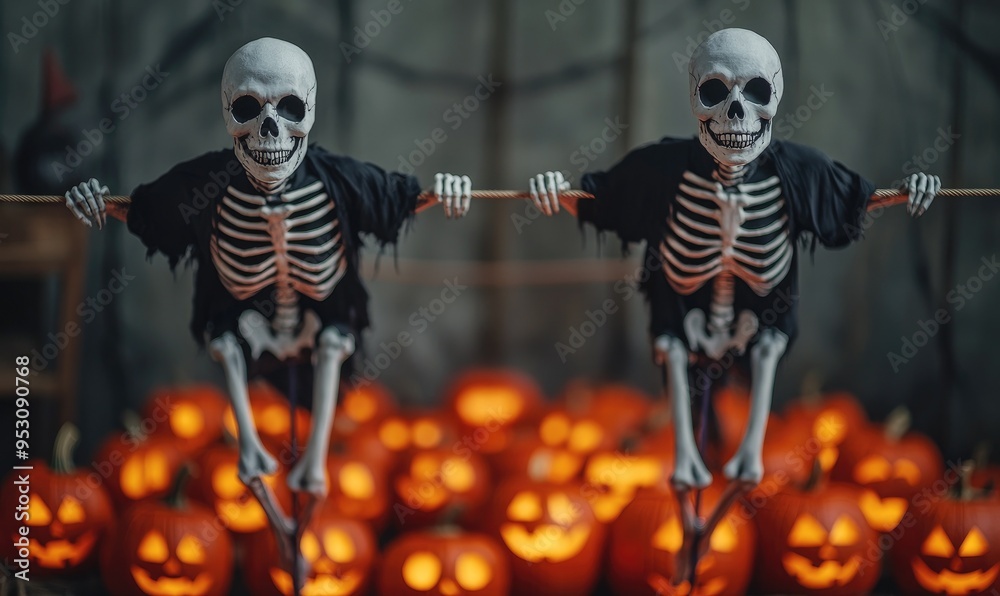 Two playful skeletons hang on a rope, surrounded by glowing pumpkins, creating a festive Halloween atmosphere. Two playful skeletons hang on a rope, surrounded by glowing pumpkins, creating a festive Halloween atmosphere.
