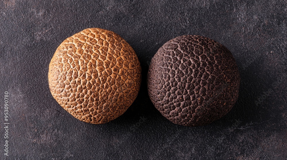 Two textured spheres in brown and black resting on a dark surface, showcasing unique patterns and colors. Two textured spheres in brown and black resting on a dark surface, showcasing unique patterns and colors.