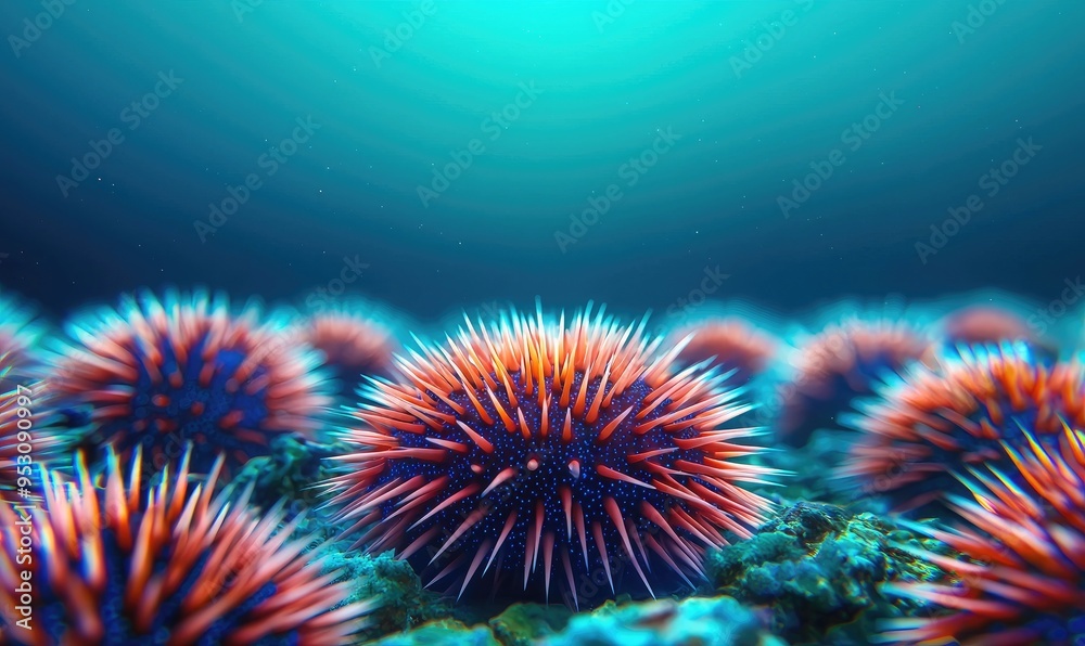 Vibrant underwater scene showcasing colorful sea urchins resting on the ocean floor, illuminated by soft, diffused light. Vibrant underwater scene showcasing colorful sea urchins resting on the ocean floor, illuminated by soft, diffused light.