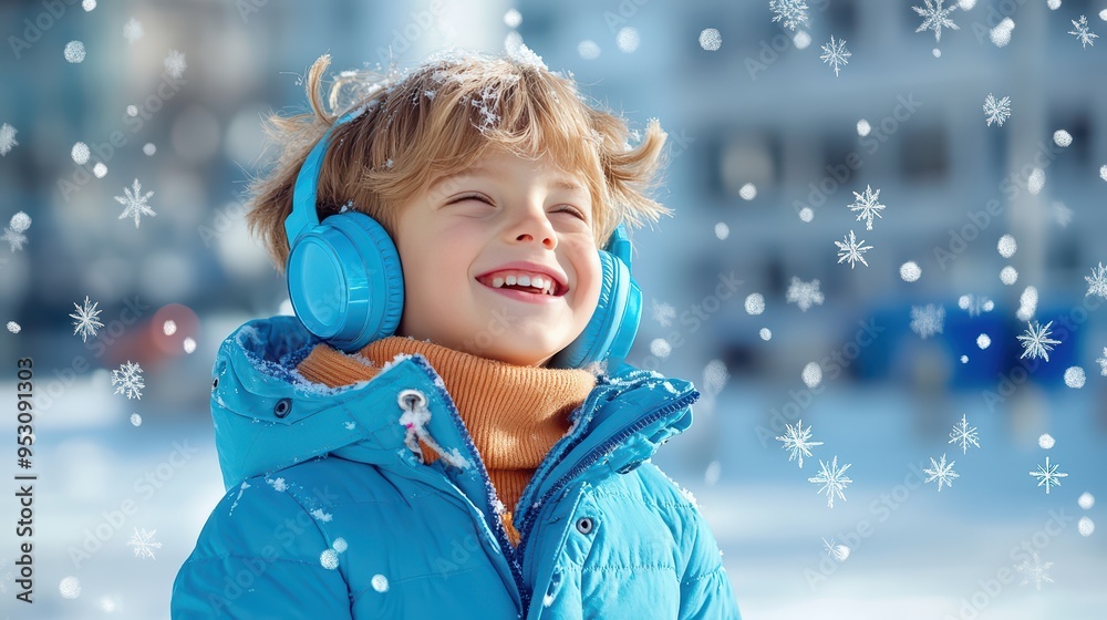 Cheerful boy enjoys music in winter with blue headphones while snowflakes gently fall around him, capturing pure happiness. Cheerful boy enjoys music in winter with blue headphones while snowflakes gently fall around him, capturing pure happiness.
