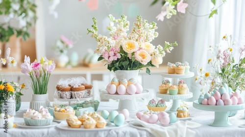 A festive Easter brunch setup with pastel-colored decorations, a beautifully arranged table with eggs, flowers, and spring-themed treats.