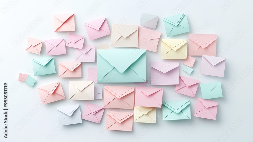 Colorful envelopes in pastel hues arranged artistically on a white background, perfect for invitations or stationery concepts. Colorful envelopes in pastel hues arranged artistically on a white background, perfect for invitations or stationery concepts.
