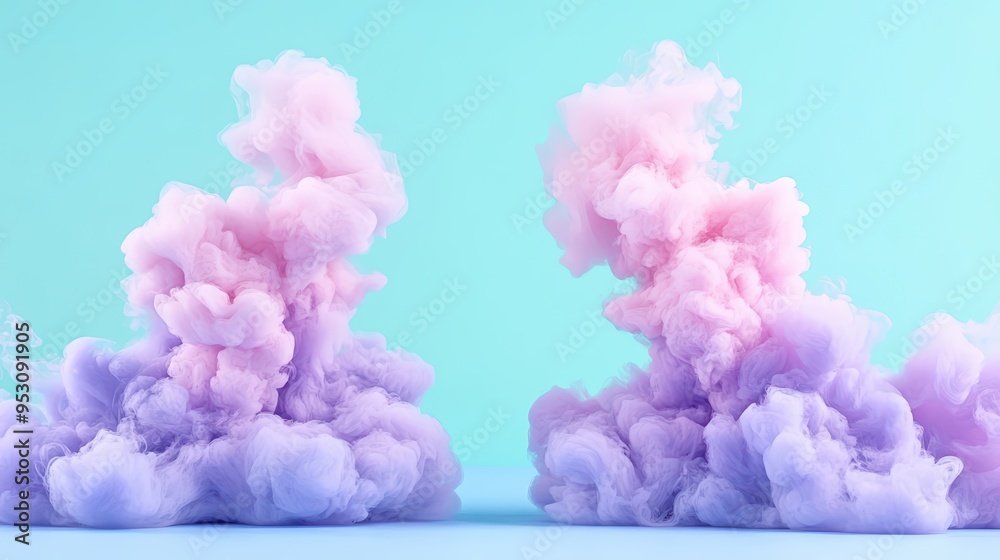 Colorful smoke clouds swirl in shades of pink and purple against a soft blue background, creating an ethereal and artistic atmosphere. Colorful smoke clouds swirl in shades of pink and purple against a soft blue background, creating an ethereal and artistic atmosphere.