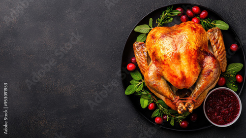 Juicy roasted turkey with golden brown skin, served with cranberry sauce, festive and traditional