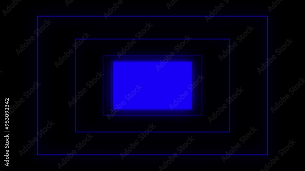 Blue color glowing neon light box rectangle tunnel animation seamless animation with black background. Rectangle optical illusion tunnel loop animation.