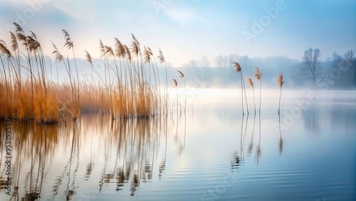 Serene misty landscape with tall slender reeds swaying in the breeze, surrounded by water ripples