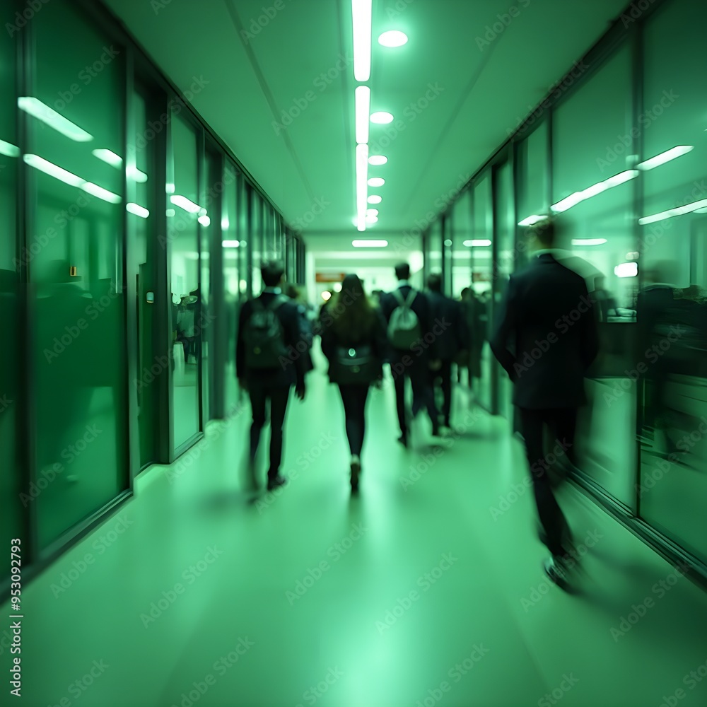 people walking in green office space with motion blur effect people walking in green office space with motion blur effect