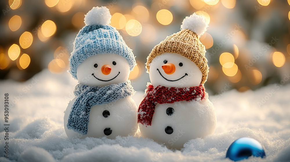 Two cute, happy, smiling snowmen with blue Christmas ornaments on a snowy background Two cute, happy, smiling snowmen with blue Christmas ornaments on a snowy background