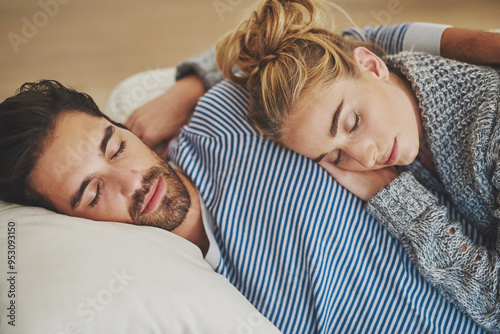 Slika na platnu Couple, sleeping and hug together on sofa to relax, rest and cuddle in marriage, relationship or love for partner