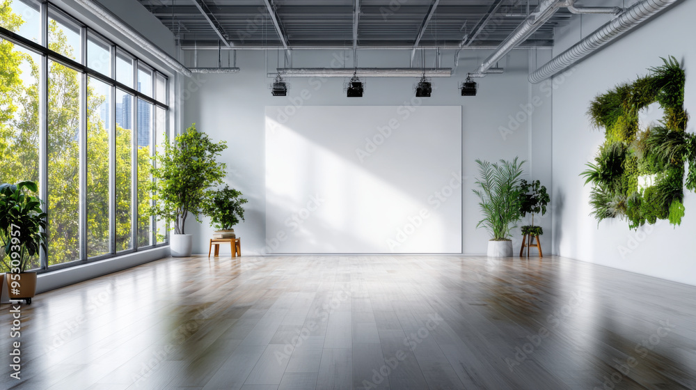 Bright and modern open space with large windows, wooden floors, and indoor plants, creating a peaceful and natural environment. Bright and modern open space with large windows, wooden floors, and indoor plants, creating a peaceful and natural environment.