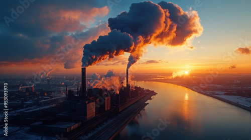 Dramatic view of industrial smokestacks emitting thick smoke into the sky during sunrise, highlighting environmental pollution.