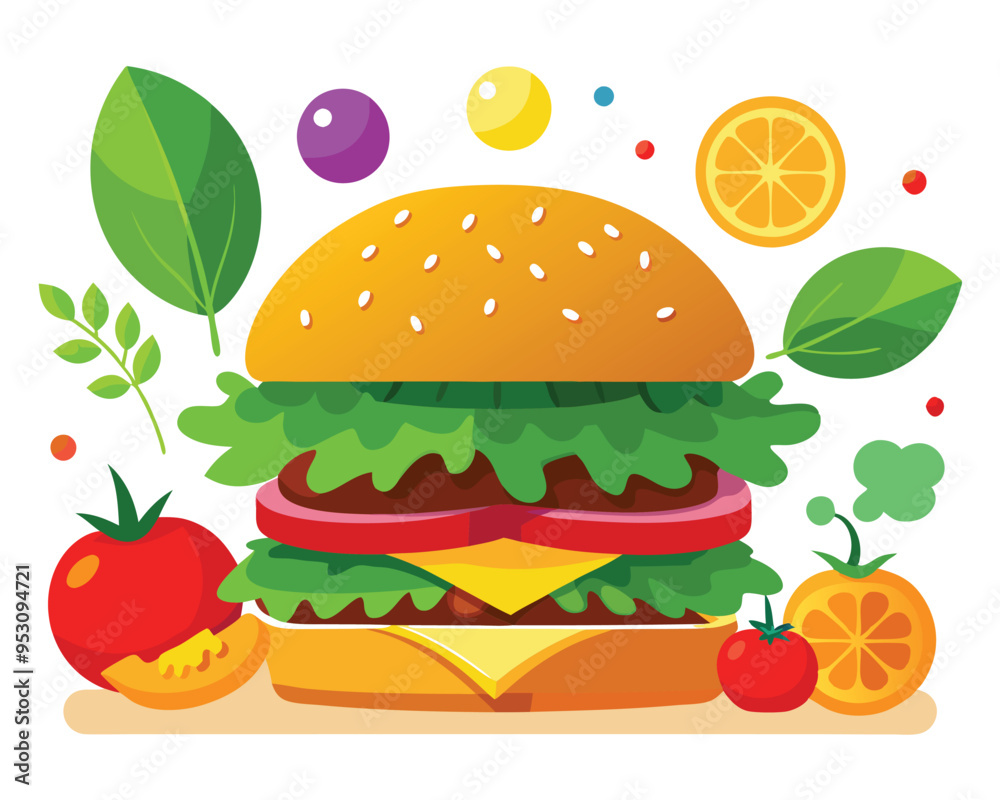 Delicious burger with fresh ingredients and vegetable vector illustration Delicious burger with fresh ingredients and vegetable vector illustration
