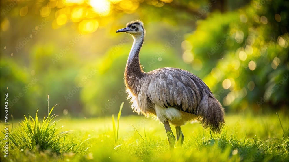 Fototapeta premium Majestic rhea bird standing in a green meadow with glistening plumage under sunlight, featuring a curious gaze