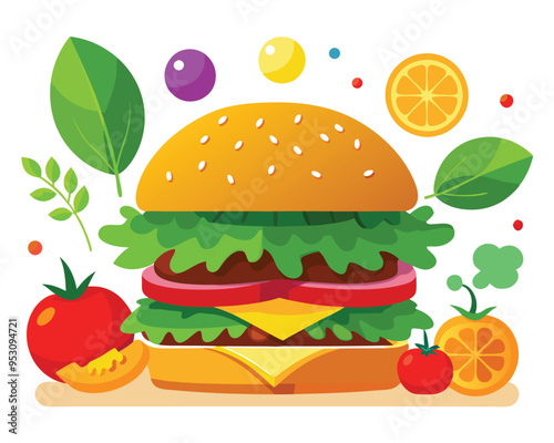 Delicious burger with fresh ingredients and vegetable vector illustration 